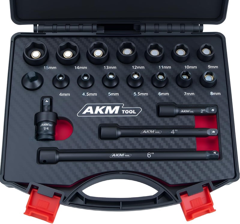 AKM TOOL 1/4 Inch Drive Magnetic Impact Socket Set, 19-Piece Metric, 4mm-15mm, 6 Point, Cr-Mo, Square Drive, Magnetic Socket with Adapter, Universal Joint & Extension - Image 1